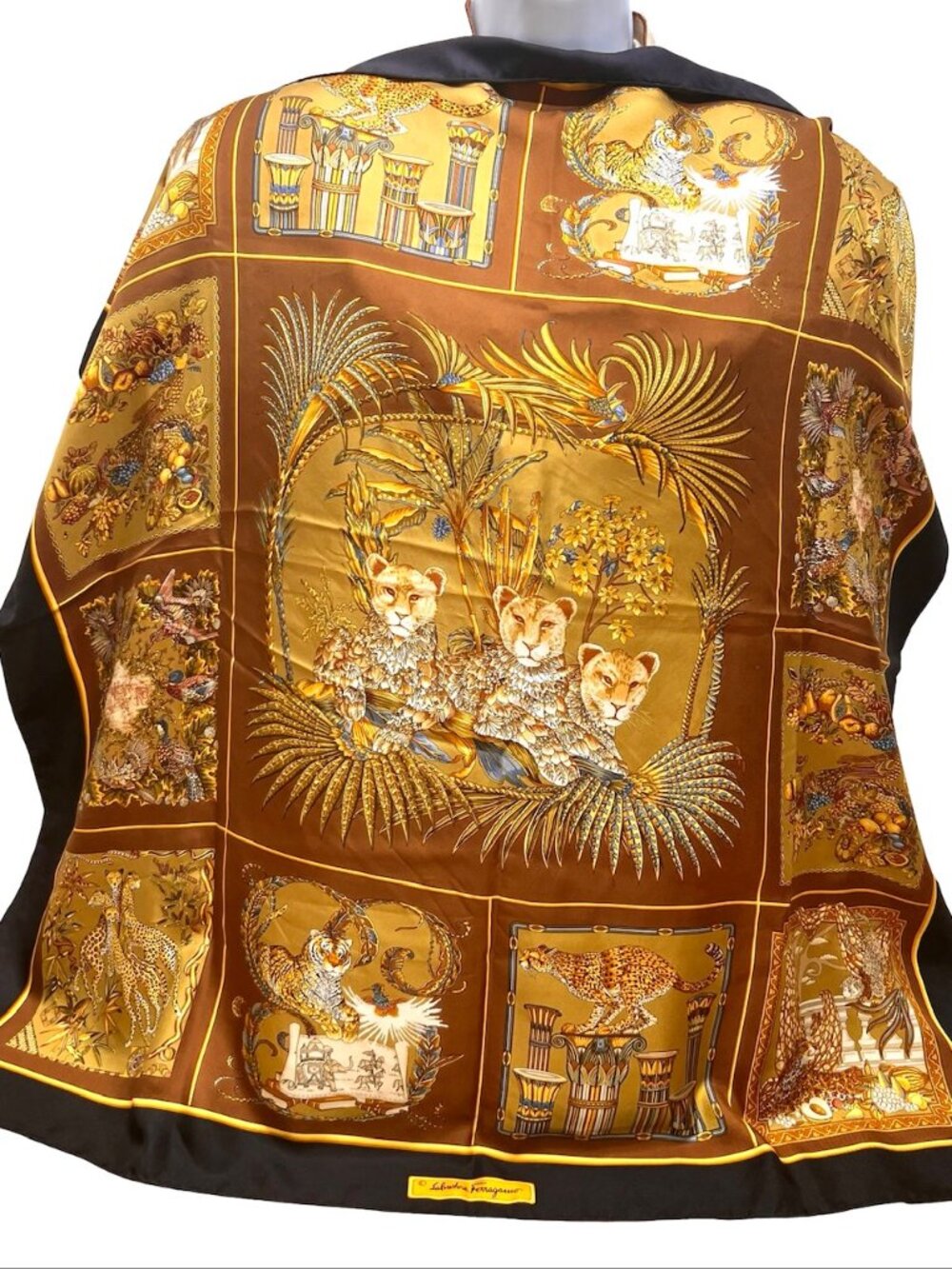 Leopard-Tiger Family Salvatore Ferragamo Scarf SilkSatin 34" Gold Brown (27 - Picture 10 of 15